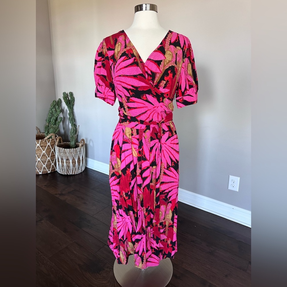 J. Crew Midi Dress Faux Wrap Pink Tropical Palm/Island Hawaiian Floral Print 14 - Picture 4 of 16